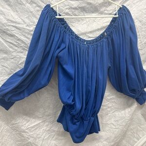 Norma Kamali Blue Puff Sleeve Smocked Blouse